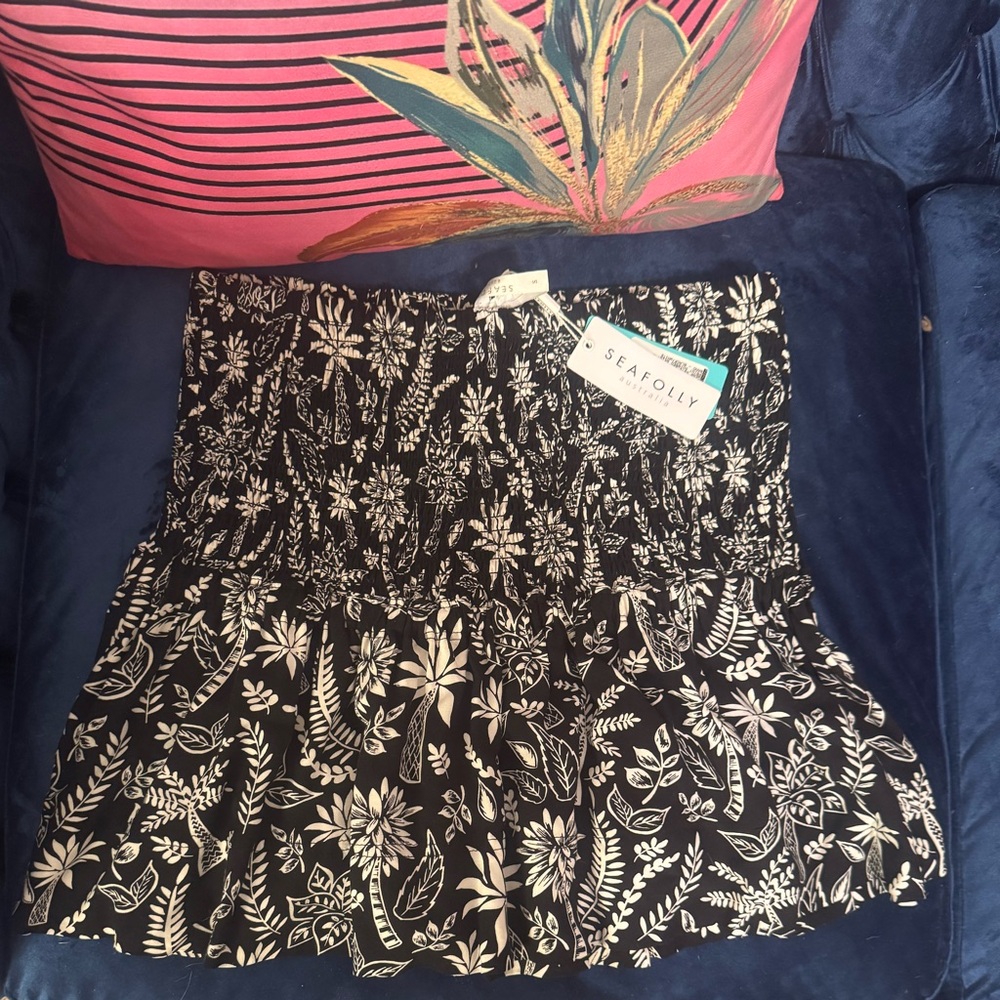 Seafolly Palm Tree Print Smocked Floral Mini Skirt